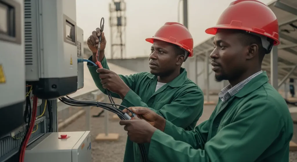 Maxprotech Electrical technicians working on a power control panel.