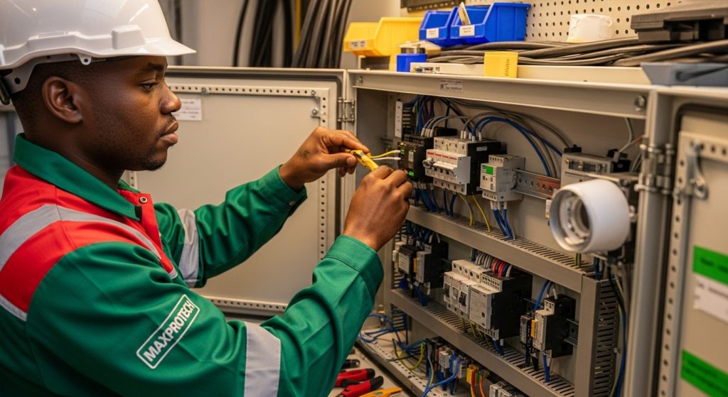 Nigerian engineer assembling a custom electrical panel for Maxprotech electrical panels and board-building services.