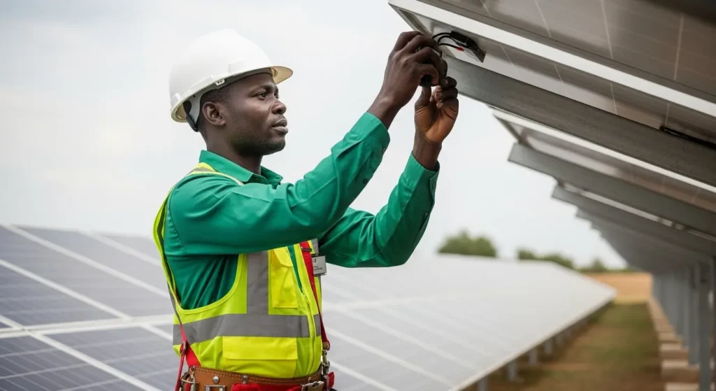Nigerian technician performing electrical maintenance on power equipment, showcasing Maxprotech preventive maintenance services