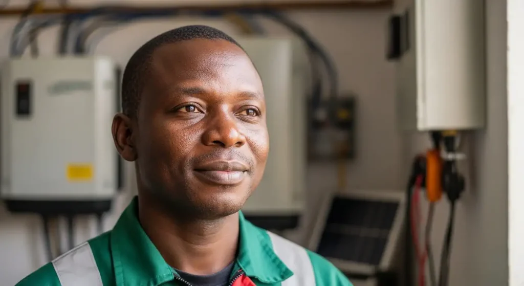 Professional Nigerian engineer in Maxprotech work attire inside an electrical engineering workshop, representing the company’s expertise.